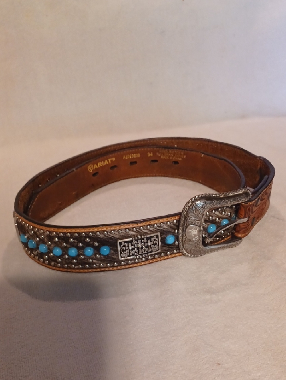 Ariat Brown Leather Western Belt with Turquoise Accents and Silver Buckle
